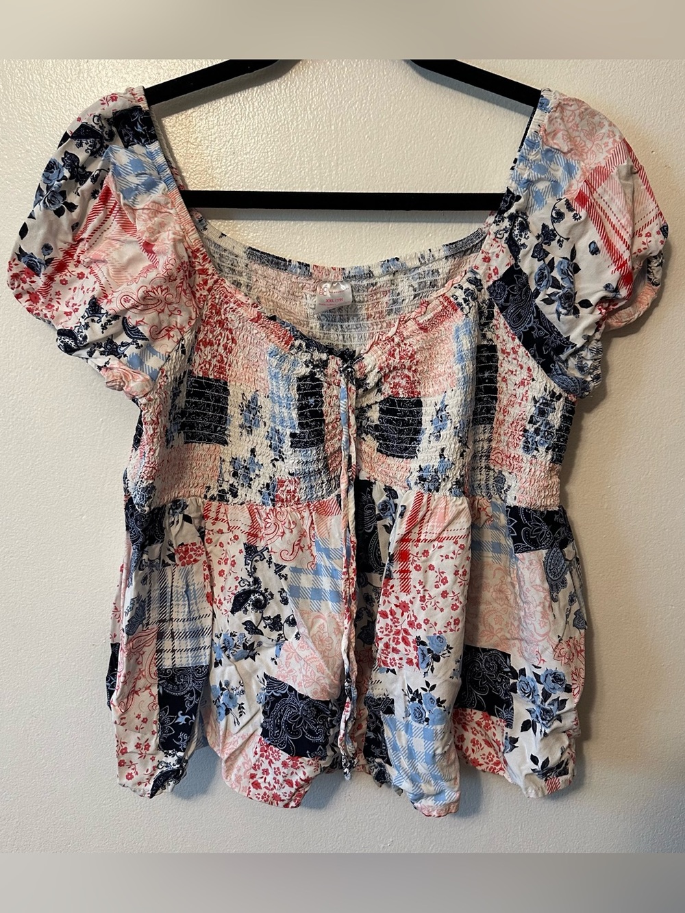 No Boundaries Ruched Cap Sleeve Floral Patchwork Blouse XXL